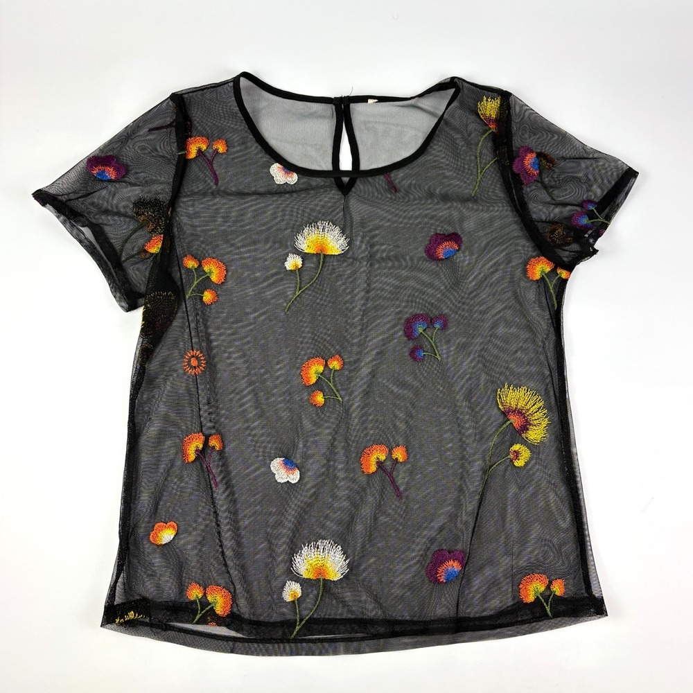 Sheer Embroidered Floral Top No Size Tag Black S/S Whimsy Goth‎ Cottage Fairy